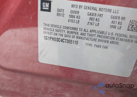 2012 Chevrolet Cruze Ltz z USA, uszkodzony, nr VIN 1G1PH5SC4C7365118